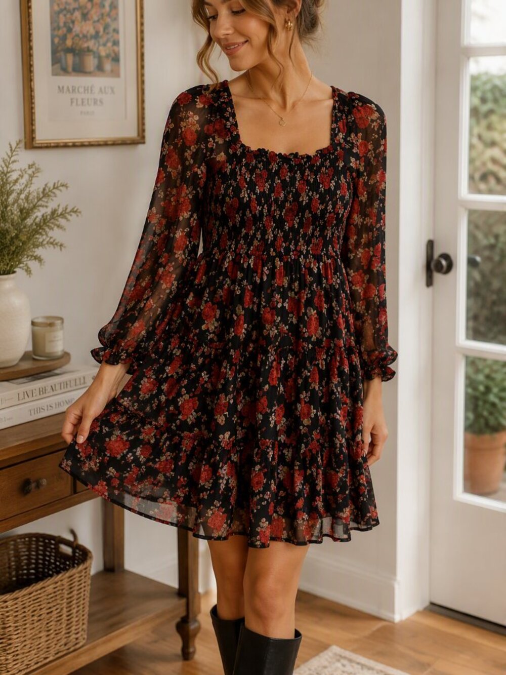 miami Black Floral Long Sleeve Smocked Mini Dress with Red Roses